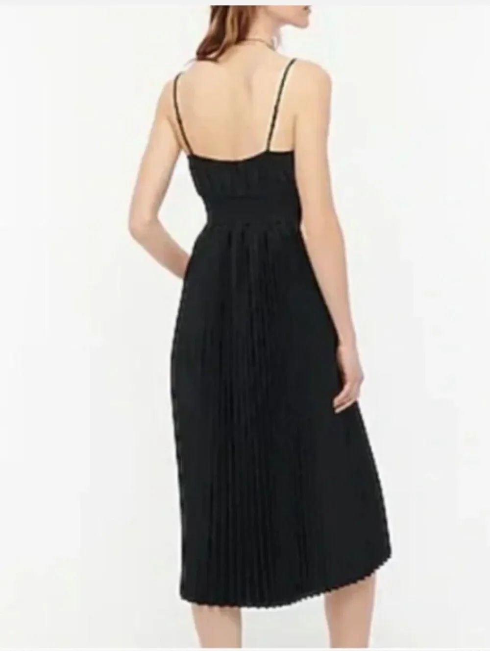 J Crew Black Pleated Midi Dress with Smocking And Spaghetti Straps Size 0 - Picture 3 of 15